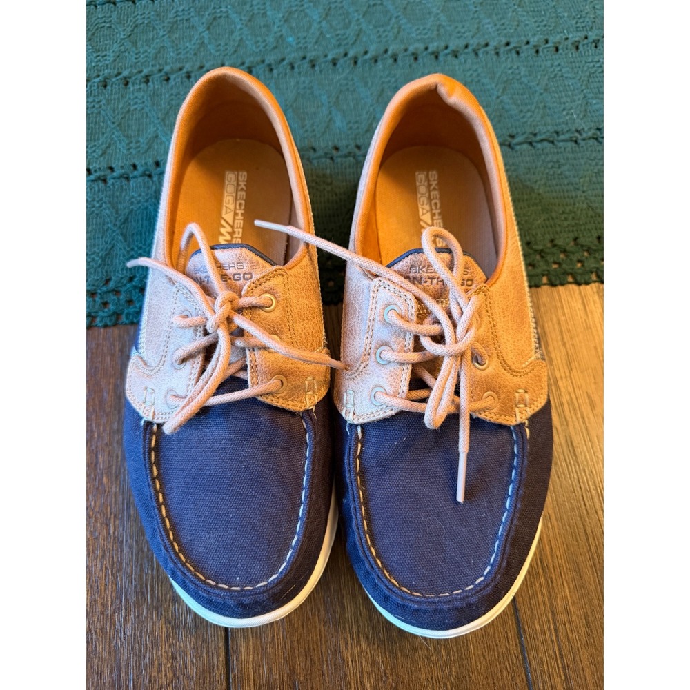 Skechers On-The-Go Women 7.5 Boat Shoes Navy Tan Goga Max 15430W Anchor Loafers